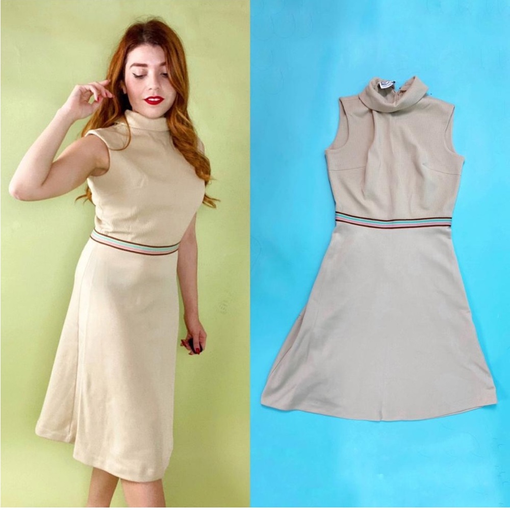 Vintage Bleeker Street 1960’s  Sleeveless Cream Dress with Striped Waist